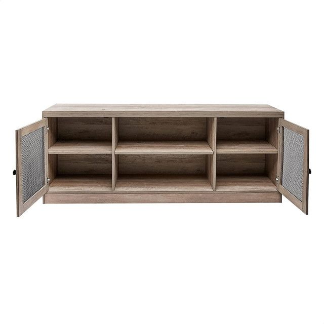 Farmhouse Tv Console, Open Shelf And Industrial Metal Mesh Door, Grey ... for Farmhouse Tv Console, Open Shelf And Industrial Metal Mesh Door, Grey Wash
