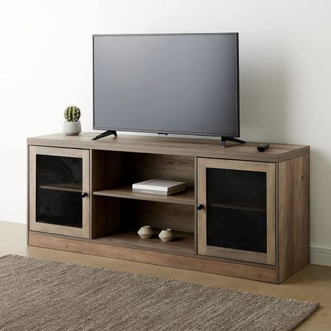 Farmhouse Tv Console, Open Shelf And Industrial Metal Mesh Door, Grey ... regarding The Art of Styling a Grey Wash TV Console with Metal Mesh Doors