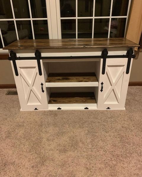 Farmhouse Tv Stand Build Plans (Sliding Barn Doors) - Etsy throughout Farmhouse Tv Stand With Sliding X-Pattern Doors & Glass Inserts