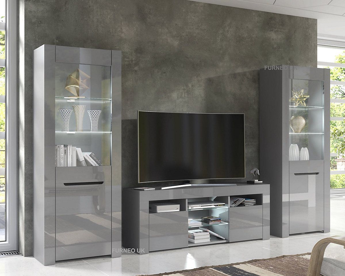 Furneo High Gloss &amp; Matt Grey Living Room Set Tv Stand Display Cabinets ... pertaining to Lido 4 Tv Set, Black/Black Gloss