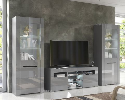 Furneo High Gloss & Matt Grey Living Room Set Tv Stand Display Cabinets ... pertaining to Lido 4 Tv Set, Black/Black Gloss
