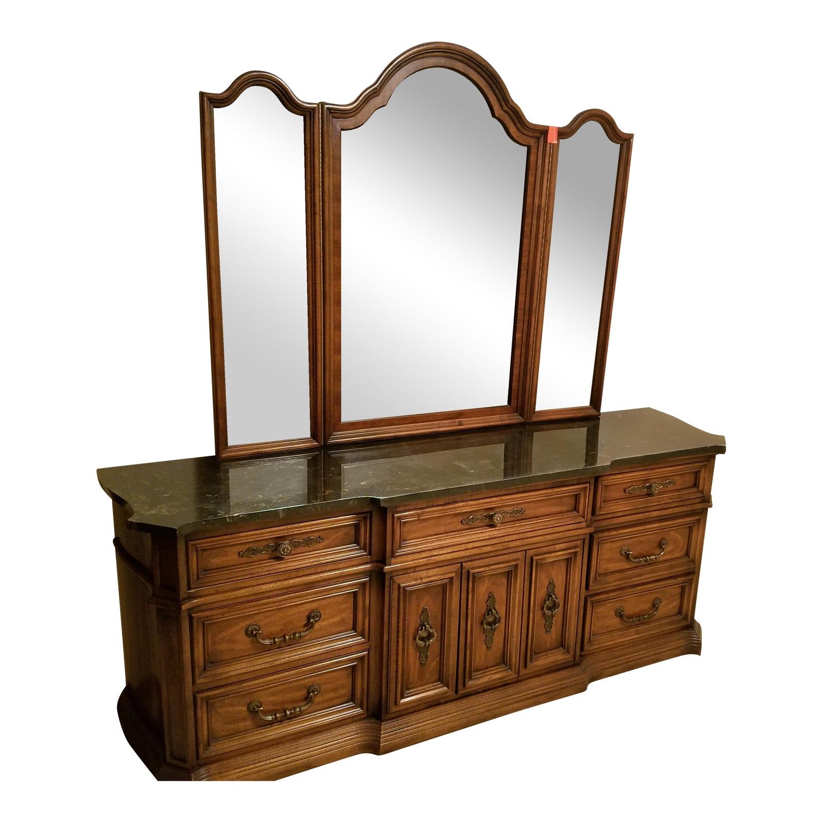 Furniture Cortlandt Collection Dresser &amp; Triple Mirror | Chairish in Designing with Cortland Dresser and Mirror in Light Steel Gray for Maximum Impact