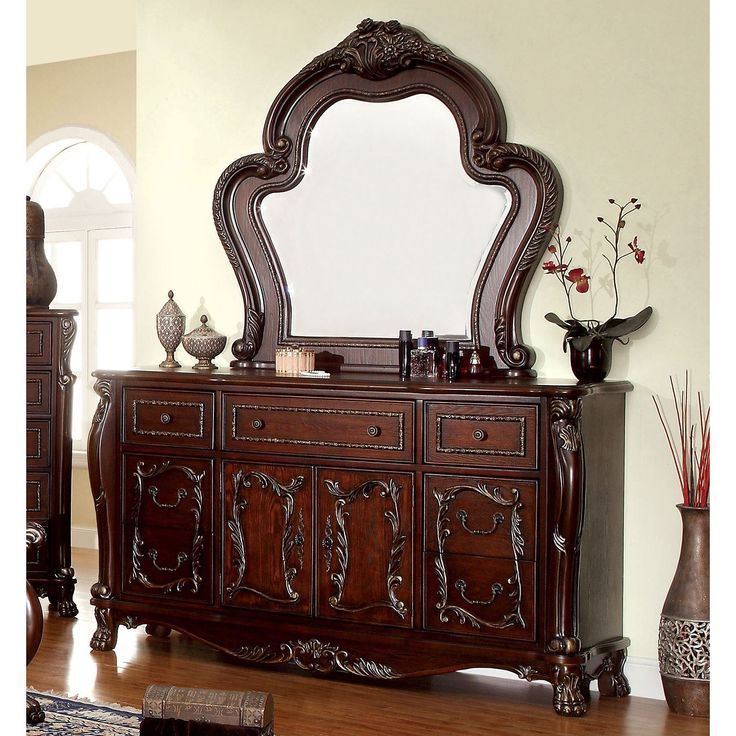 Furniture Of America Tashir Traditional 2-Piece Cherry Dresser And ... intended for Furniture Of America Cheston Wood 2-Piece Dresser With Mirror In Brown Cherry