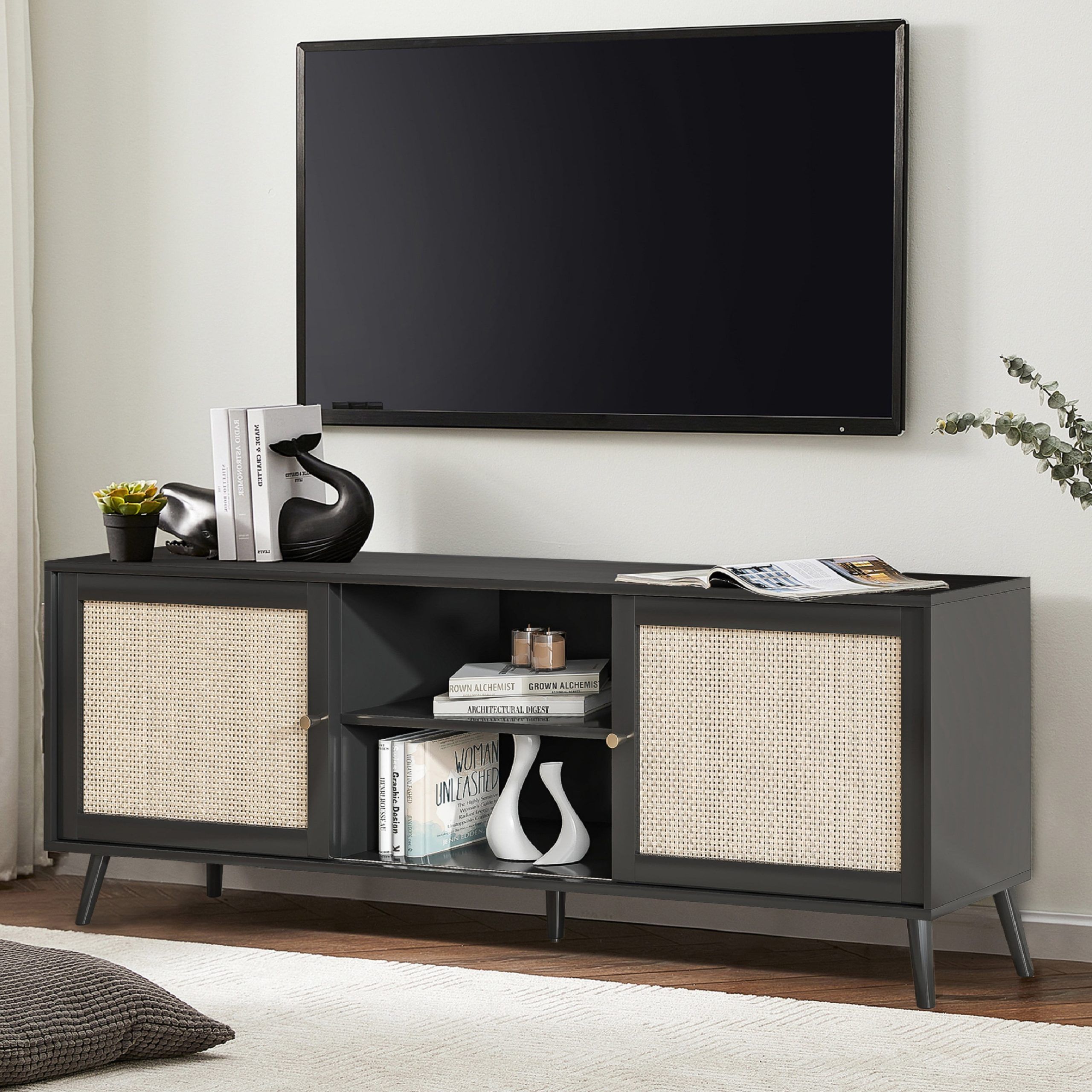 Furtivusia Entertainment Center For Tvs 75 Inch, Open Shelf Tv Stand ... in Roseto Weif10039 70&quot;W Contemporary Open Shelf Tv Stand Media - Black