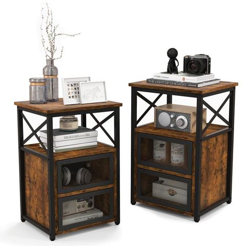 Giantex Modern Nightstand Set Of 2, Industrial End Side Table With 2 ... within Set Of 2 Modern Nightstands With Metal Frame, Drawer, And Open Shelf