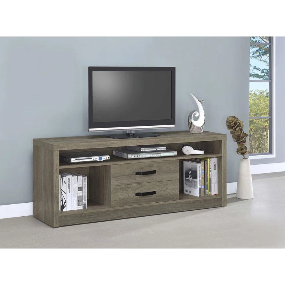 Gracie Oaks Burke 2-Drawer Tv Console Gray Driftwood | Wayfair intended for A Closer Look at the Burke Engineered Wood 71&quot; TV Stand
