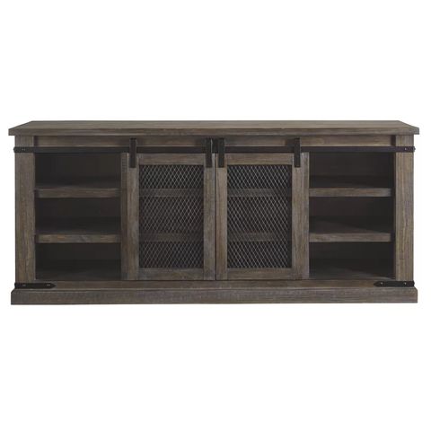 Gracie Oaks Theobald Tv Stand With Barn Doors within Furniture Of America Acres Farmhouse Wood 6-Shelf Tv Console In Brown