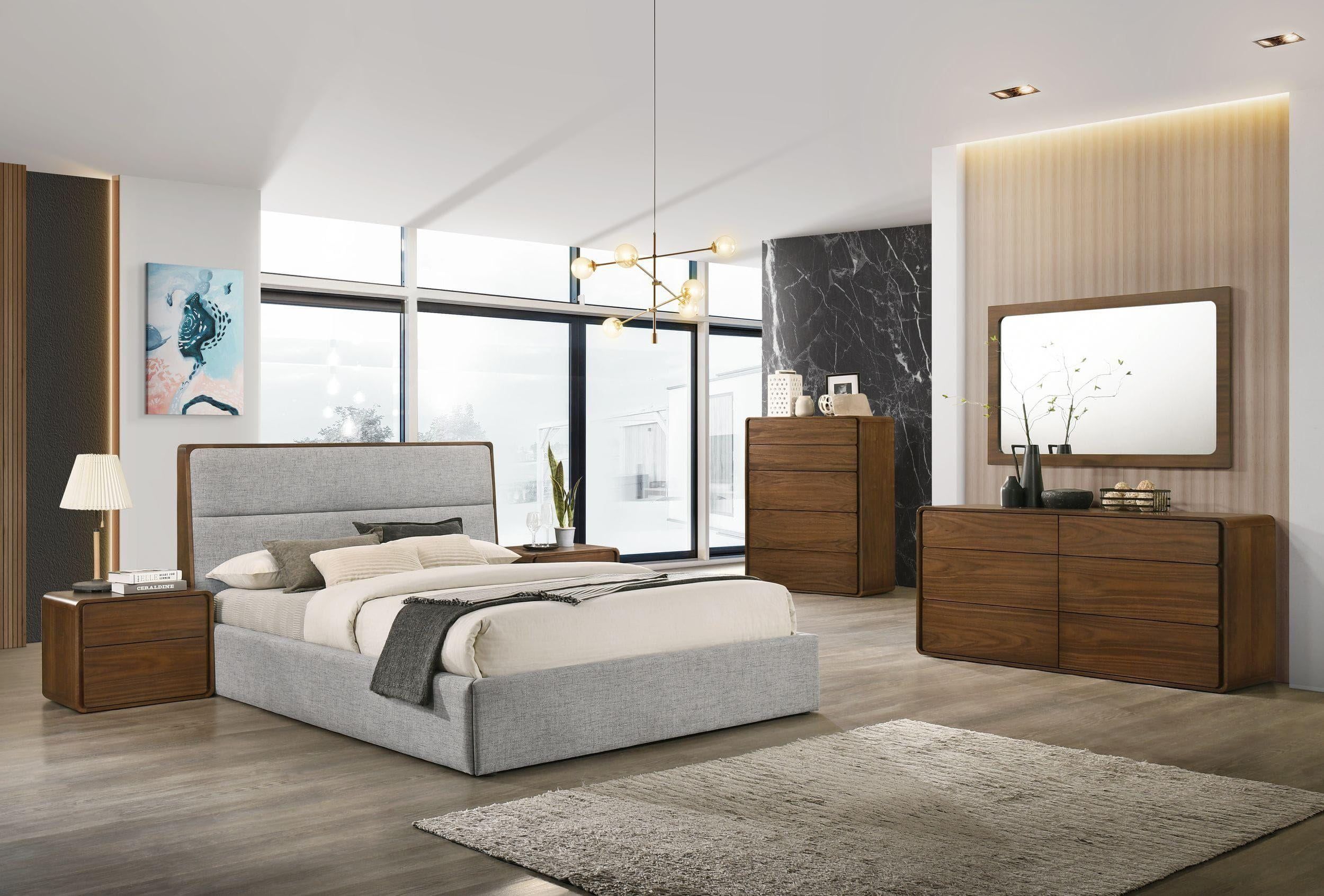Grey Fabric &amp; Walnut Trimmed Queen Bedroom Set 4Pcs Modrest Dustin Vig ... pertaining to Modrest Dustin Modern Walnut Dresser