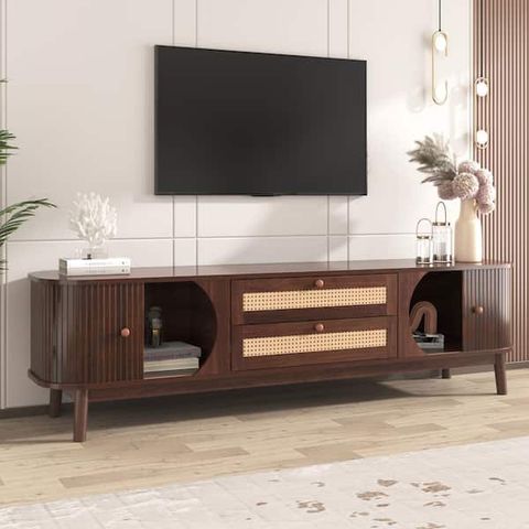 Harper & Bright Designs Elegant Brown Tv Stand Fits Tvs Up To 75 In ... for Caned Tv Stand, Drawer, Storage Doors Fits Tvs Up To 65", Cable Management, Oak