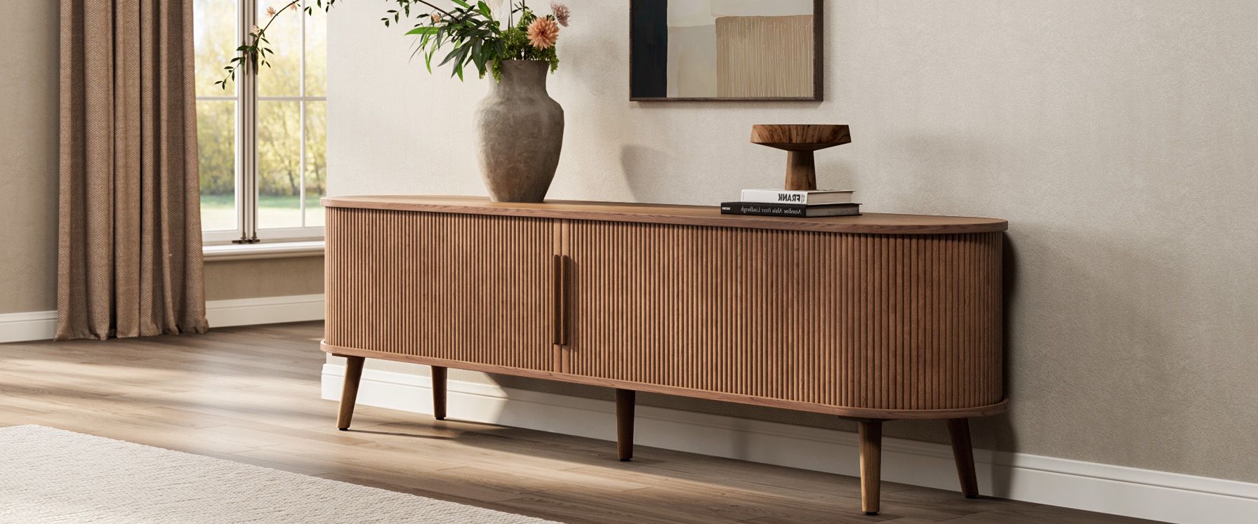 Hernest | 70&quot; Oval Wooden Tv Stand With Sliding Door Cabinets in Exploring the durability and beauty of walnut torus oval television furniture