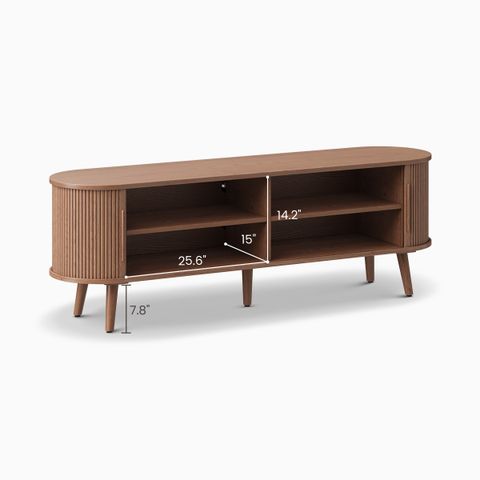 Hernest | 70" Oval Wooden Tv Stand With Sliding Door Cabinets pertaining to Torus Oval Wood Tv Stand, Walnut