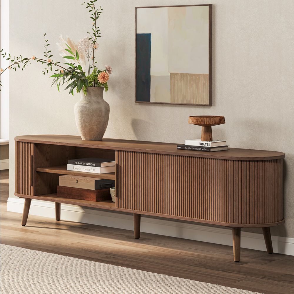 Hernest | 70&quot; Oval Wooden Tv Stand With Sliding Door Cabinets within Exploring the durability and beauty of walnut torus oval television furniture