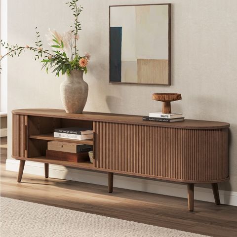 Hernest | 70" Oval Wooden Tv Stand With Sliding Door Cabinets within Exploring the durability and beauty of walnut torus oval television furniture