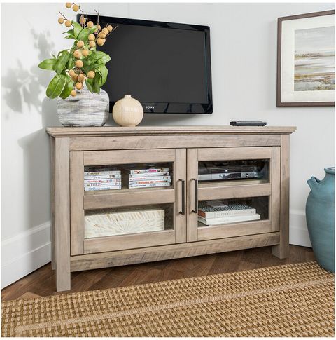 Hewson 44In Transitional Modern Farmhouse Wood Corner Tv Stand - Shopstyle pertaining to Transitional Tv Stand, Modern Farmhouse Design, Glass Doors, Open Shelf, Birch