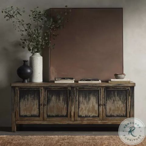 Hitchens Worn Black Media Console From Four Hands | Coleman Furniture intended for The Story and Substance of the Hitchens Media Console in Worn Black