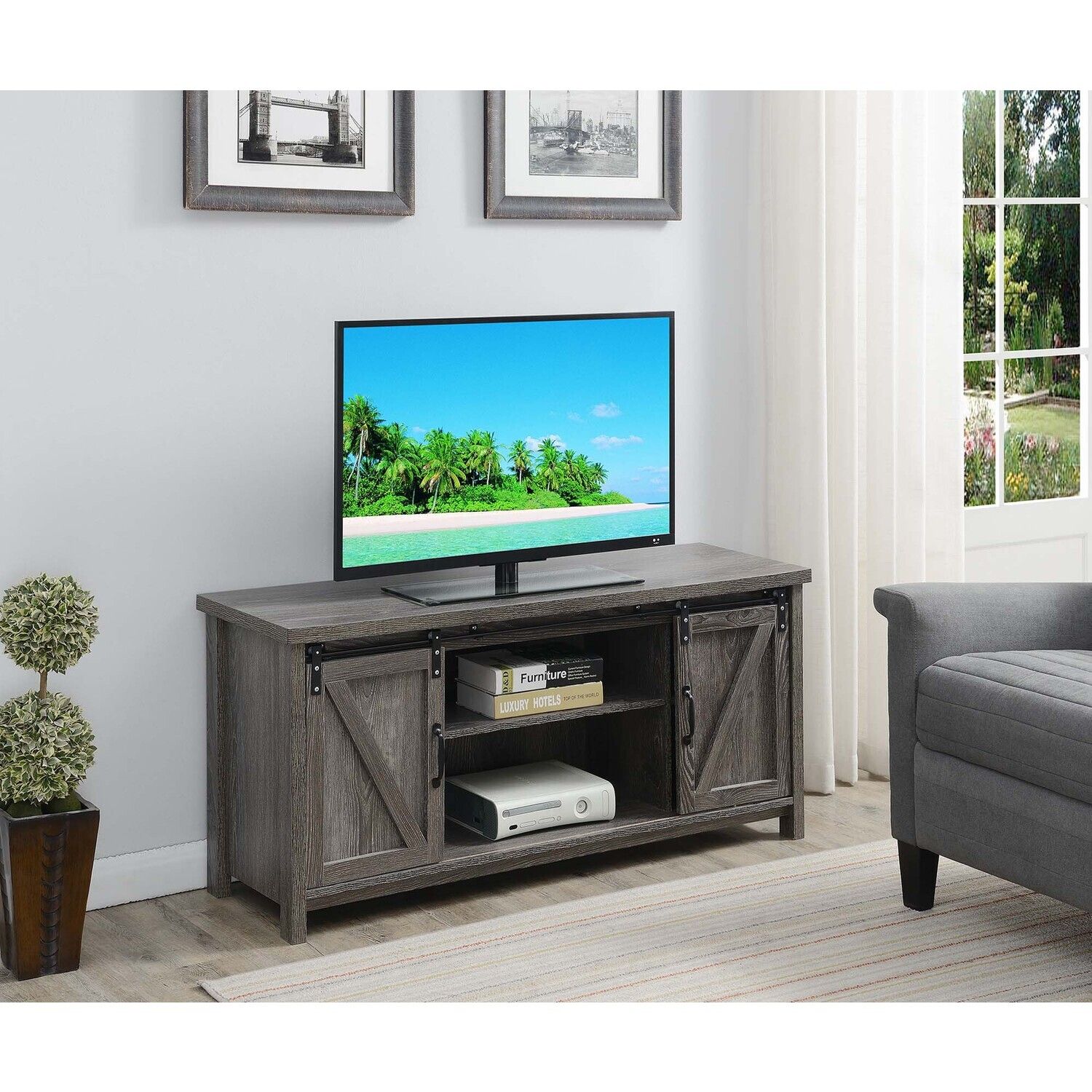 Homestock Southwestern Sanctuary Blake Barn Door Tv Stand - Weathered ... with Design Considerations for Media Centers with Built-in Storage Solutions