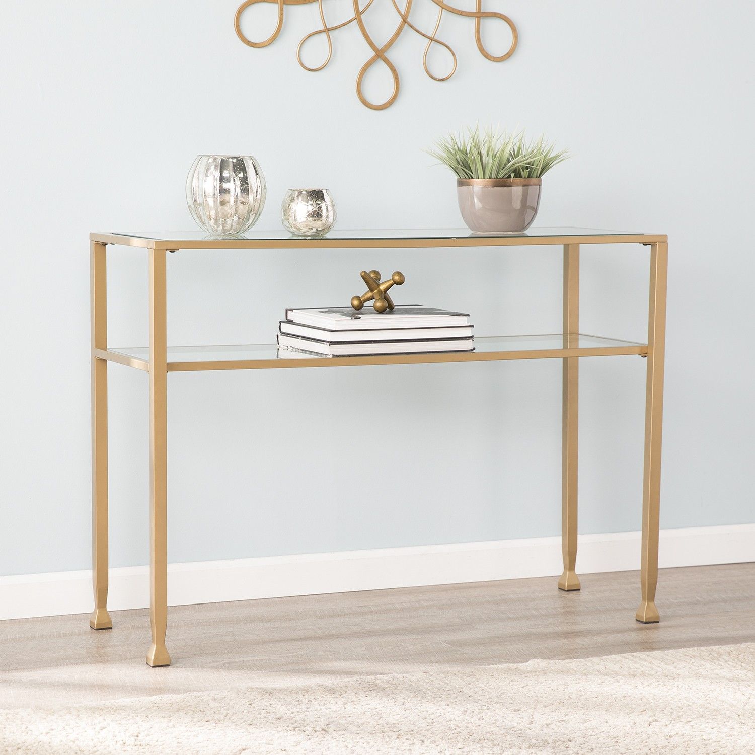 Jaymes Gold Metal And Glass Console Table throughout Jaymes Console Table/Media Stand - Silver