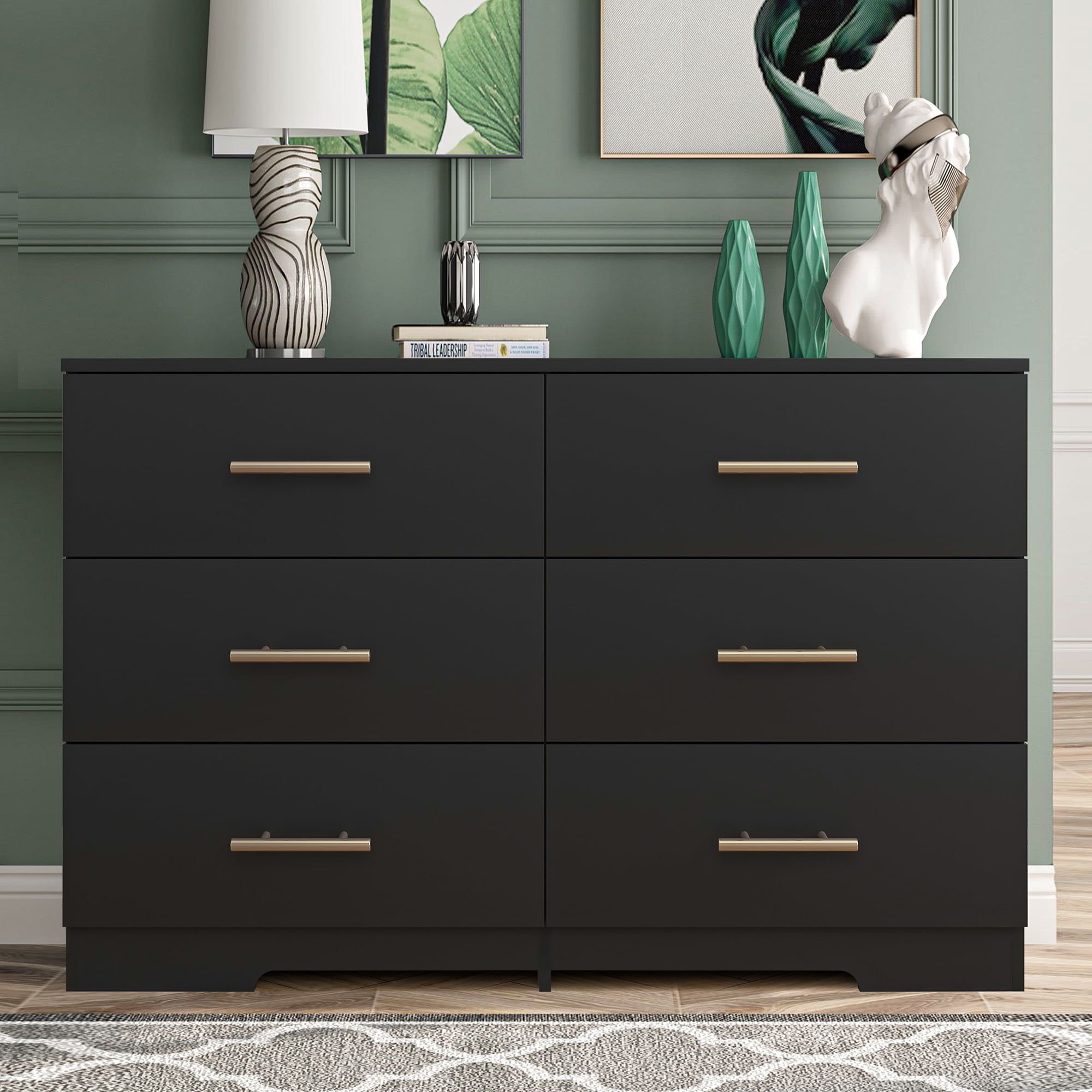 Kepooman 6 Drawer Double Dresser, Black Chest Of Drawer With Golden ... intended for Luxor 6 Drawer Double Dresser, Black