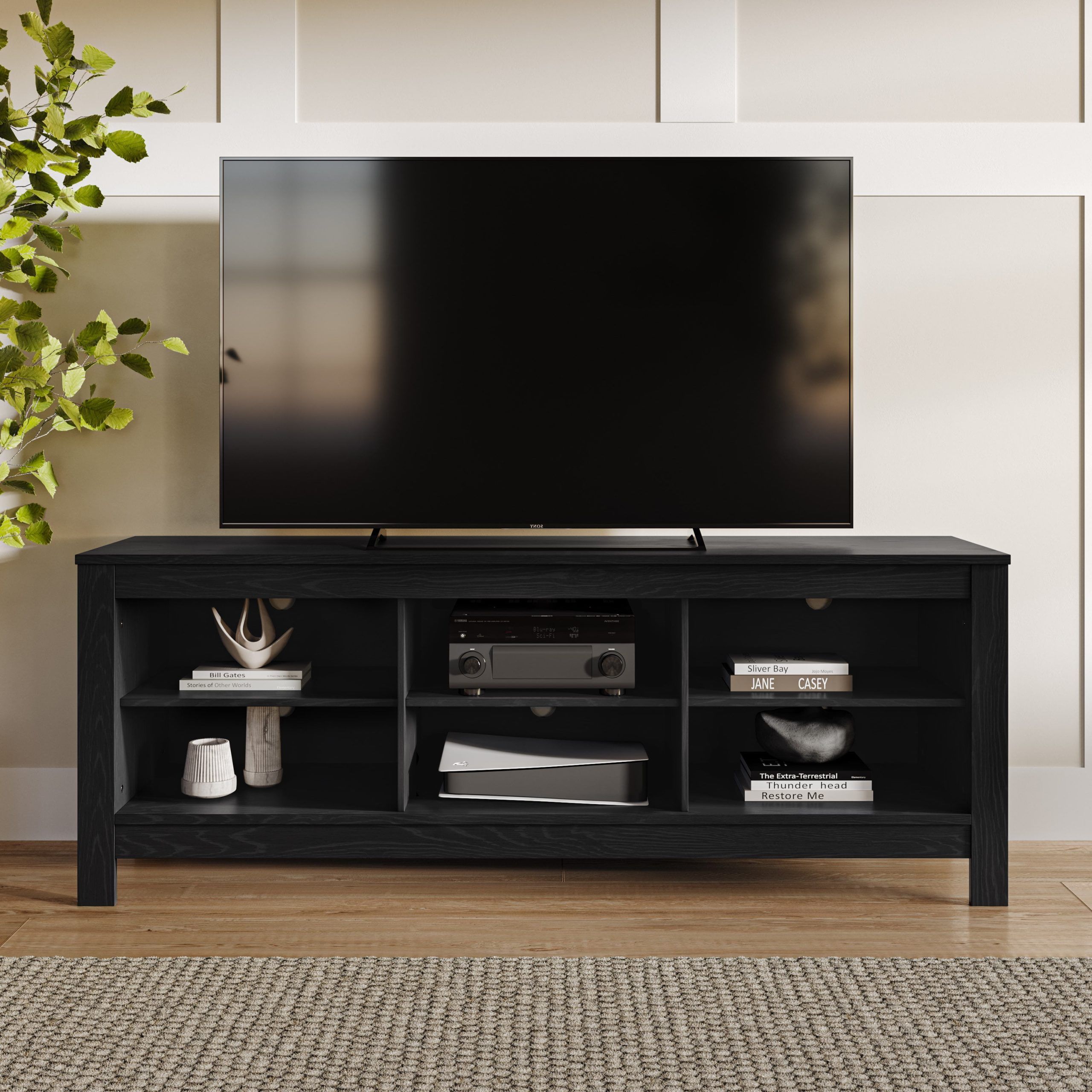 Kris &amp; Alley Haruki Ravenwood Black Engineered Wood 6 Open Shelf Tv ... within Roseto Weif10039 70&quot;W Contemporary Open Shelf Tv Stand Media - Black