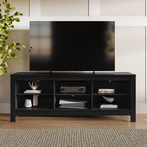 Kris & Alley Haruki Ravenwood Black Engineered Wood 6 Open Shelf Tv ... within Roseto Weif10039 70"W Contemporary Open Shelf Tv Stand Media - Black