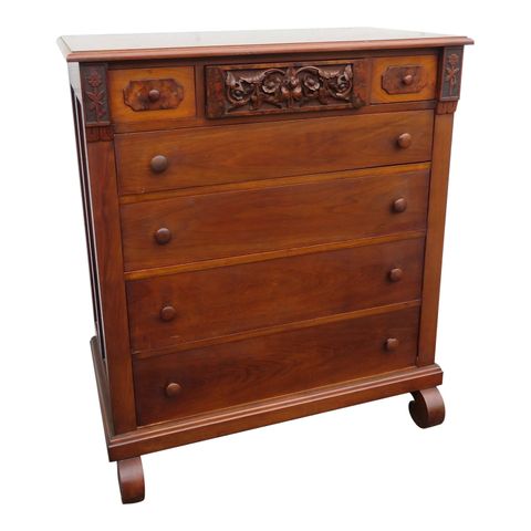L Rawlinson Victorian Late 1800S Burlwood Carved Tall Chest Of Drawers ... with Delaney Carved Tall Chest, Distressed Black