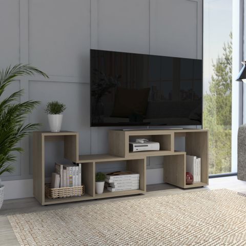 Latitude Run® Being Extendable Tv Stand, Multiple Shelves -Light Pine ... in From Clutter to Calm Experience the Transformation with the Harmony TV Stand
