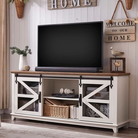 Laurel Foundry Modern Farmhouse Castilla Farmhouse Tv Stand For 75"Tv ... inside Farmhouse Tv Stand With Sliding X-Pattern Doors & Glass Inserts