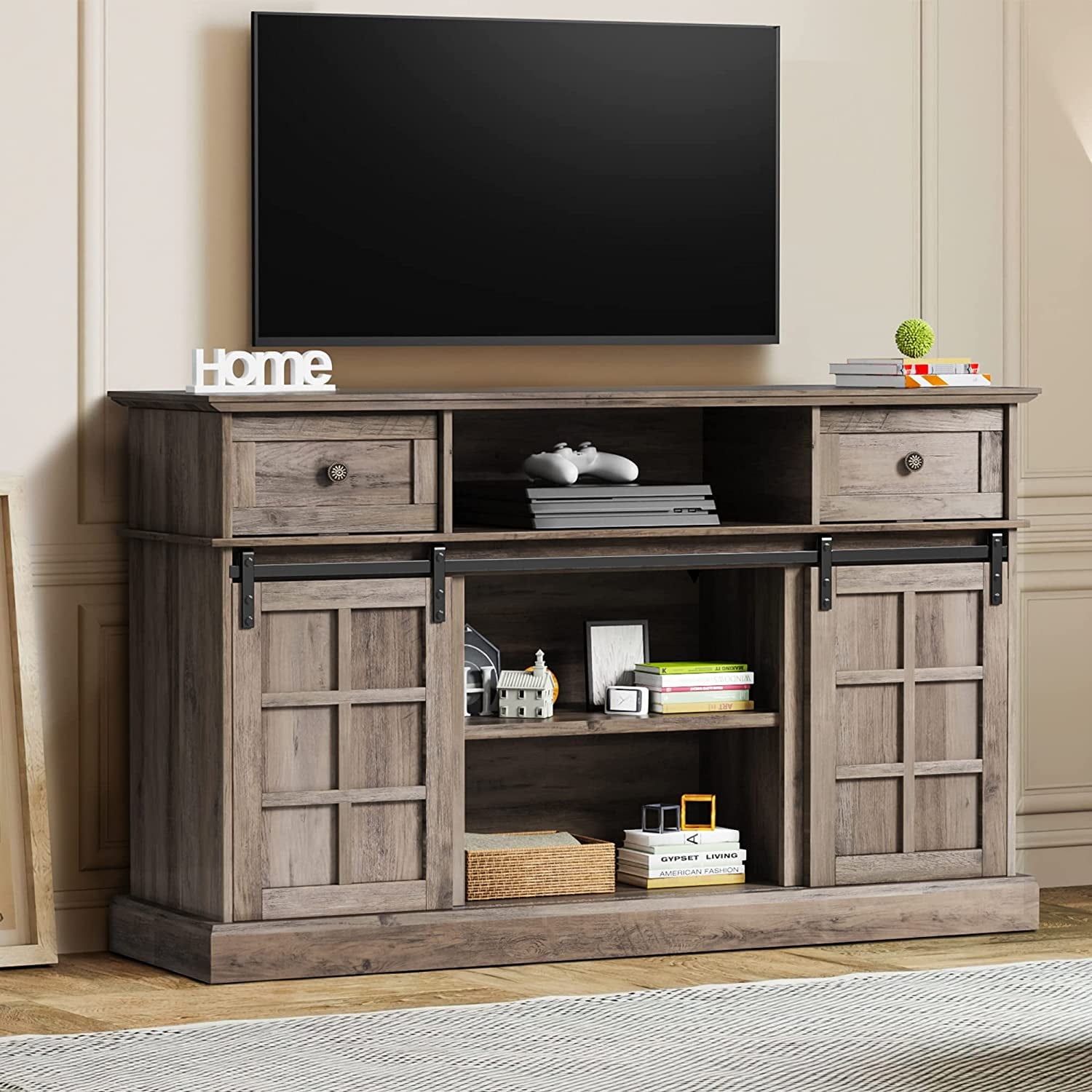 Lghm Entertainment Center, Modern Farmhouse Style Wood Tv Stand, Tall ... in Beyond the Basics: Mastering Glass Doors and Open Shelf Integration in Contemporary Spaces