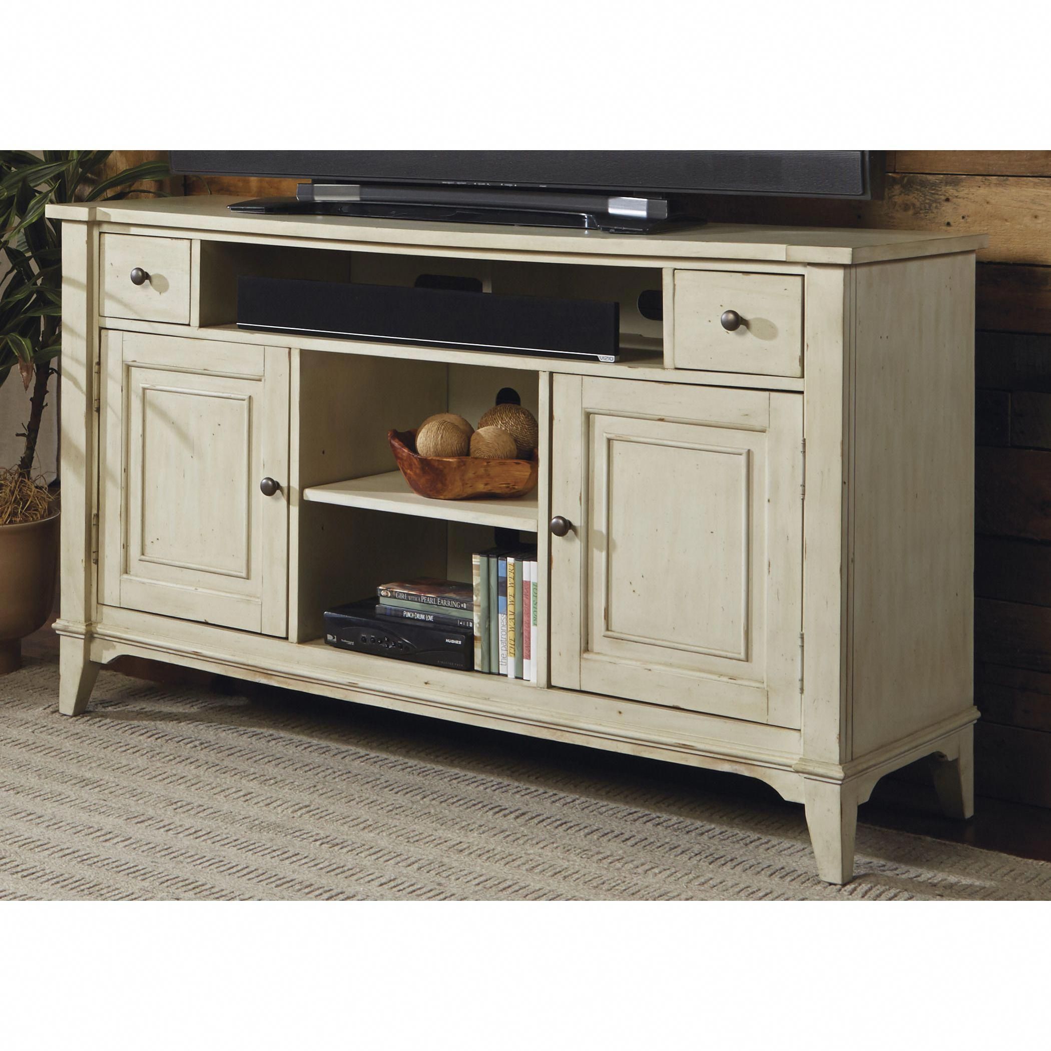 Liberty Harbor Rustic Ivory Distressed Transitional Tv Console (Harbor ... within A Closer Look at the Craftsmanship of the Concord 60&quot; TV Stand in Distressed Java
