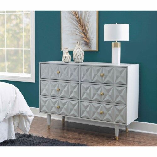 Linon Alick Wood Geo Texture 6 Drawer Dresser With Gold Hardware In ... within Linon Alick Wood Geo Texture 5 Drawer Chest With Gold Hardware In Gray