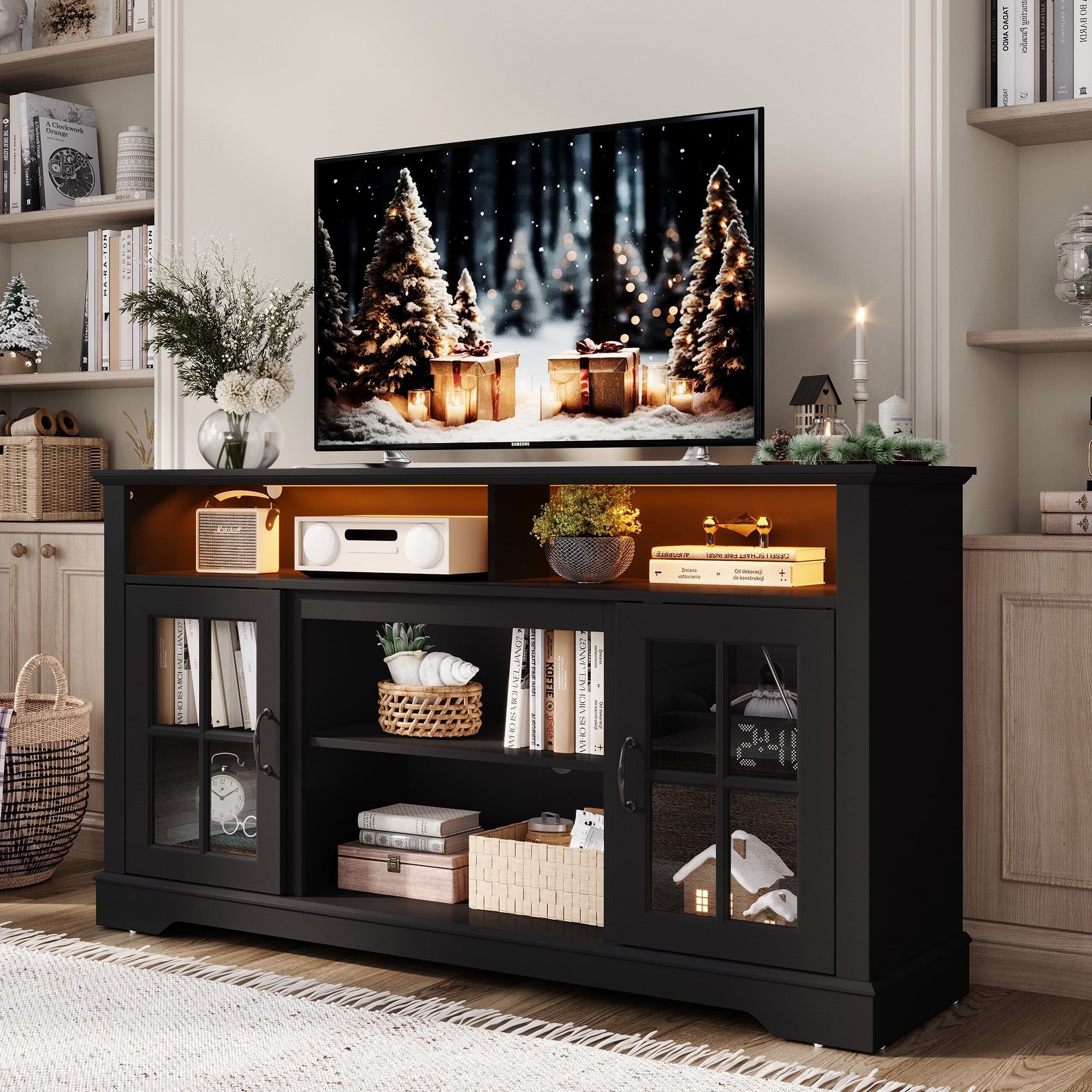 Linsy Home Modern Glass Tv Stand For Tvs Up To 65&quot;, Led Lights Home ... pertaining to Pemberly Row Modern Glass Tv Stand For Tvs Up To 35&quot; In Black