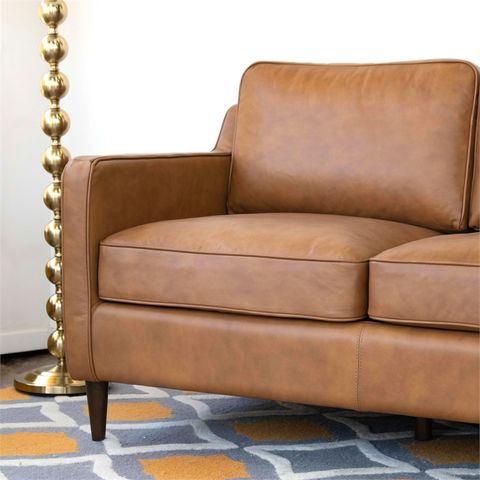 Madison Mid-Century Modern Cushion Back Leather Sofa In Tan | Cymax ... for Madison Mid Century Modern Furniture Genuine Leather Couches In Cognac Tan