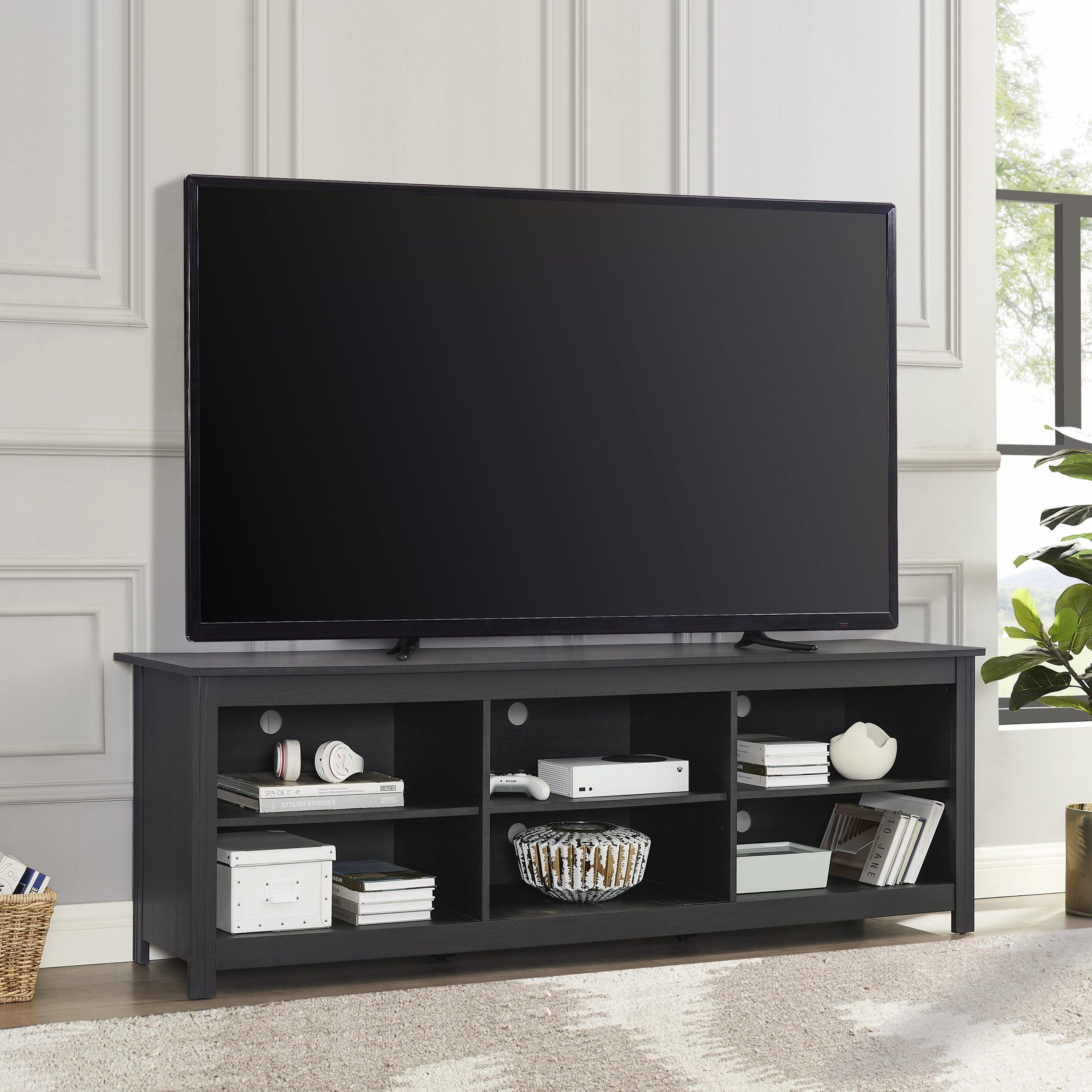 Mainstays Adjustable Shelf Tv Stand For Tvs Up To 70&quot;, Black Finish ... regarding Transitional Black Tv Stand, Open Shelves &amp; Side Cabinets With Doors