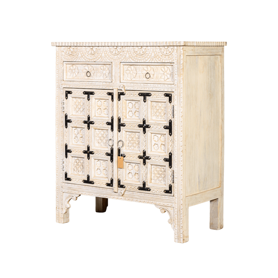 Mango Wood 2 Door 2 Drawer Carved Chest Of Drawers With Brass ... pertaining to Whitaker 2-Door Mango Wood Chest, Natural