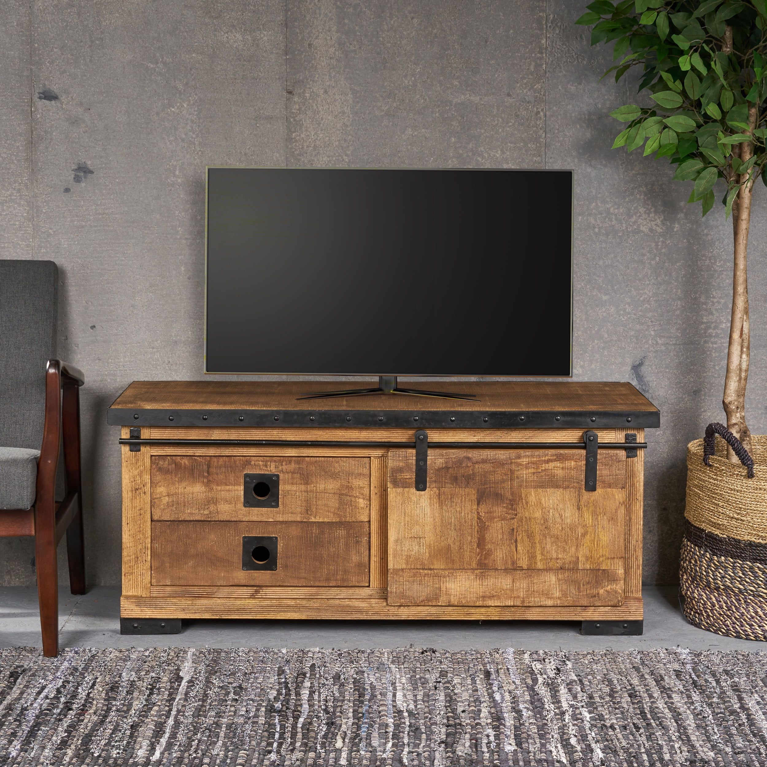 Mavis Modern Industrial Mango Wood Tv Stand, Natural Finish And Black ... regarding Elkton 2-Drawer Engineered Wood 59&quot; Tv Stand Mango