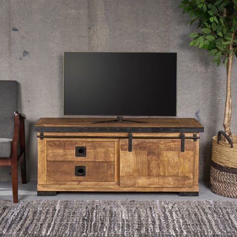 Mavis Modern Industrial Mango Wood Tv Stand, Natural Finish And Black ... regarding Elkton 2-Drawer Engineered Wood 59" Tv Stand Mango