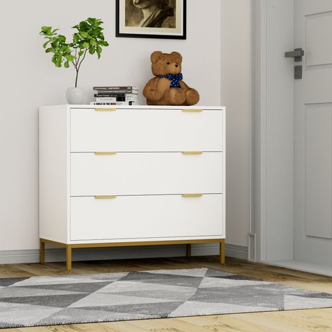 Mercer41 3-Drawer White Chest Of Drawers With Gold Metal Legs Mid ... with Burlington Dresser With 3 Drawers, White