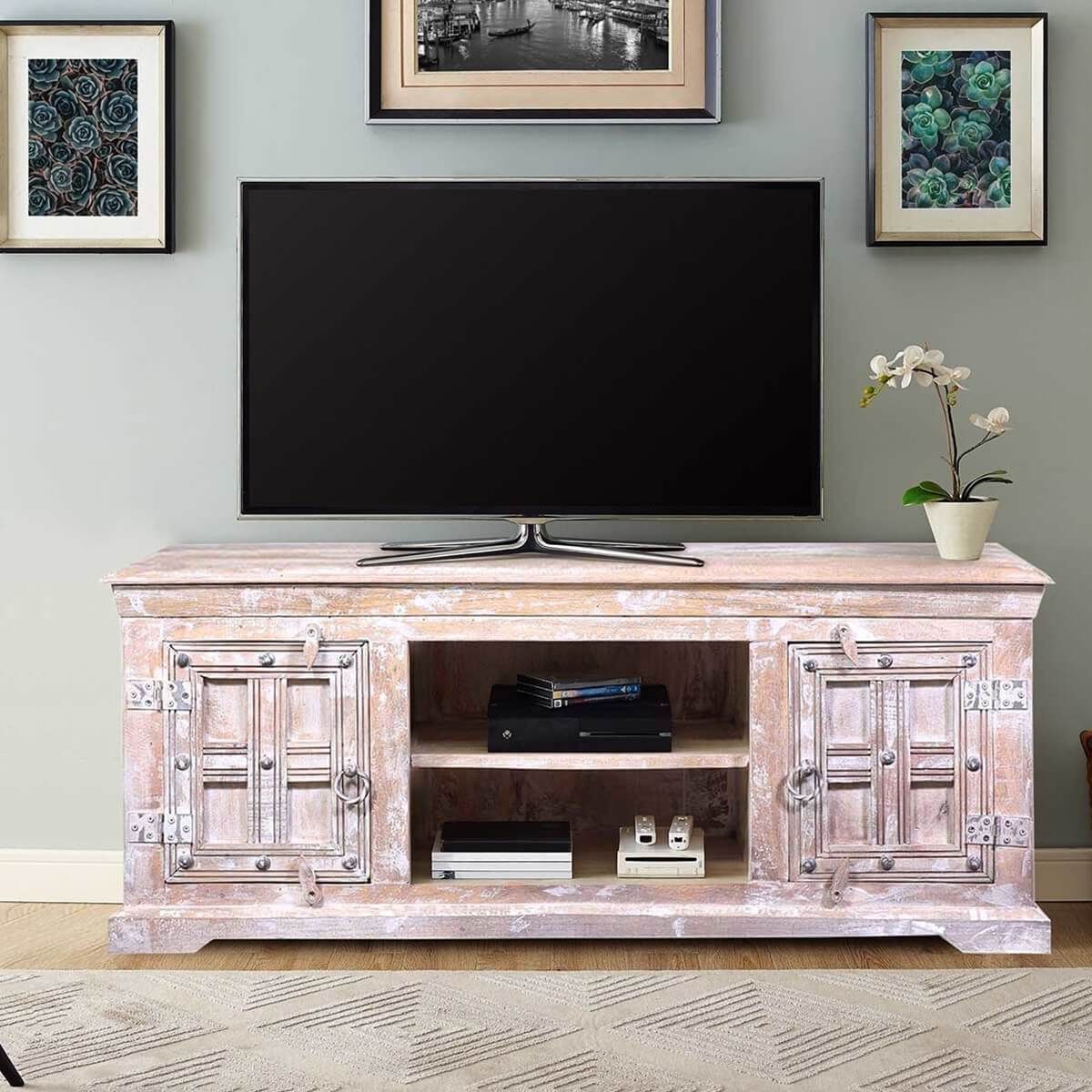 Mesick White Wash Reclaimed Wood Tv Stand Media Console with regard to Payne 60&quot; Tv Stand Media Console Distressed White