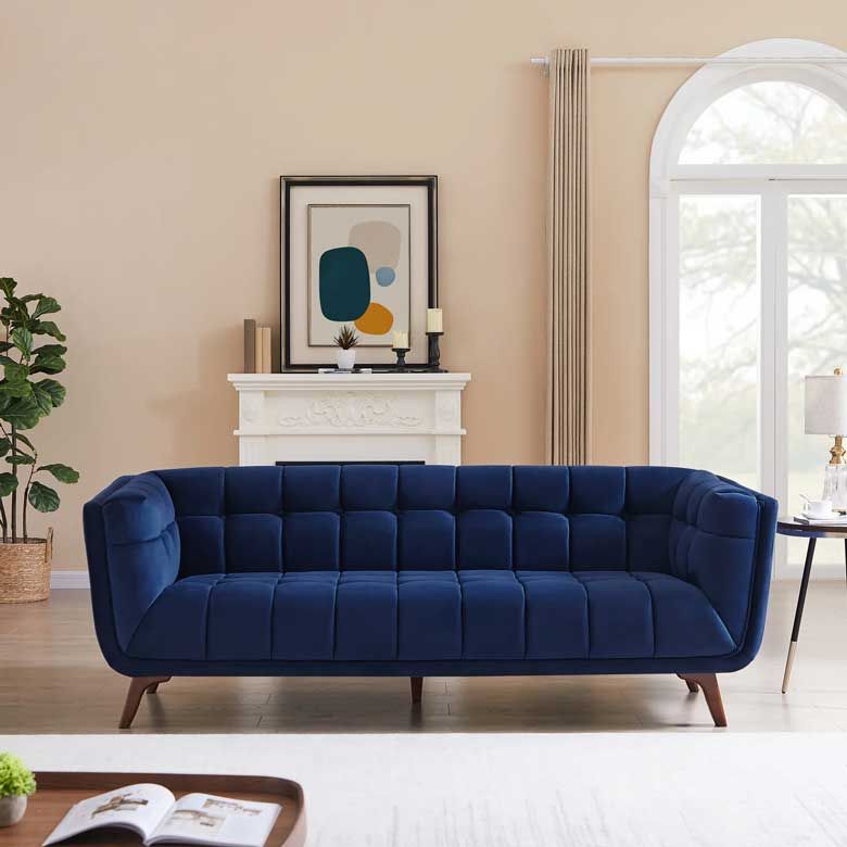 Mid Century Modern Blue Velvet Sofa | Baci Living Room with Elegance Contemporary Sofa In Blue Velvet With Acrylic Legs
