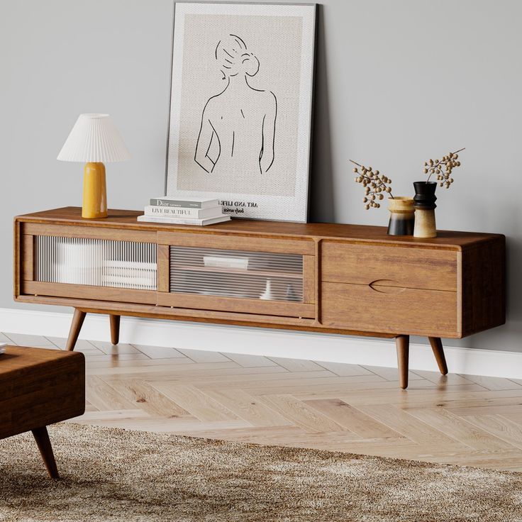 Mid-Century Solid Wood Tv Stand, Media Console With Storage, Sliding Glass Door &amp; 2 Drawers, Wa ... for Winfield 60&quot; 2-Door Tv Stand Media Console Black