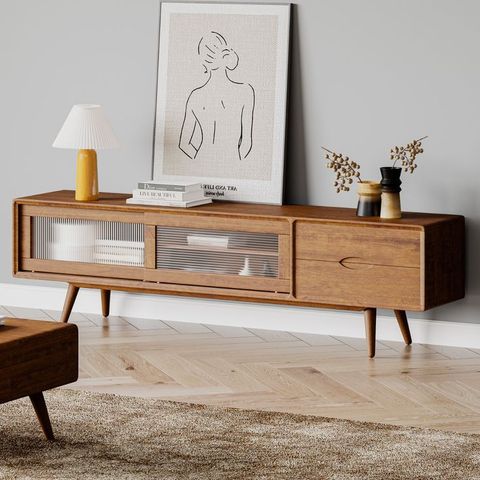 Mid-Century Solid Wood Tv Stand, Media Console With Storage, Sliding Glass Door & 2 Drawers, Wa ... for Winfield 60" 2-Door Tv Stand Media Console Black