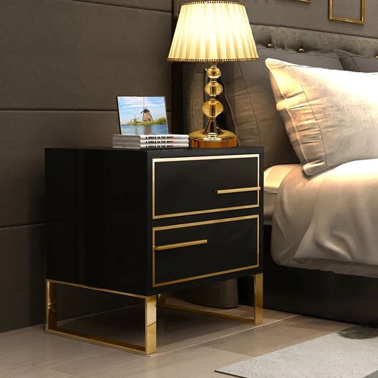 Modern Black Nightstand Lacquered 2-Drawer With Golden Stainless Steel ... pertaining to Set Of 2 Modern Nightstands With Metal Frame, Drawer, And Open Shelf