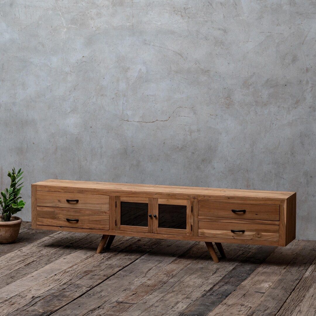 Modern Design Tv Stand, 4 Drawers + 2 Door Tv Stand, Solid Wood Media ... within Recycled Teak Wood Solo Media Center, 2 Drawer And 1 Cabinet