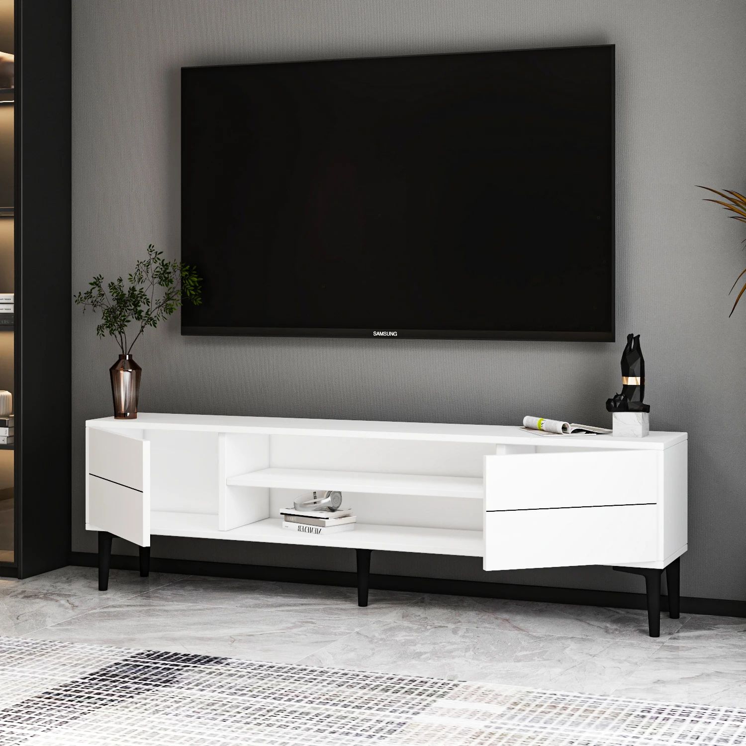 Modern Style Aragon Tv Stand White - Black Leg Premium Quality Elegance ... pertaining to Aesthetic Possibilities with the Greenview White 122&quot; TV Stand Wall Unit