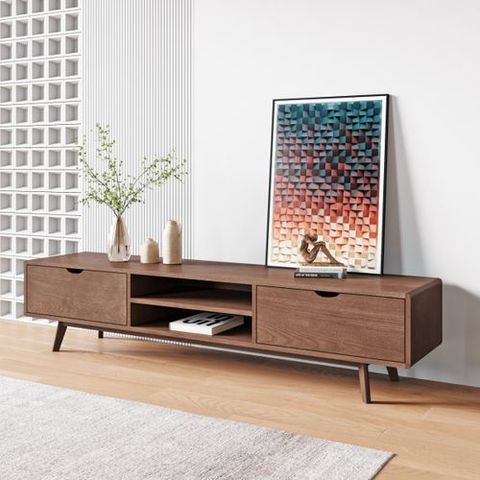 Modern Wood Tv Stand, Minimalist Lowline Media Console With Drawers ... pertaining to Beaumont Lane Modern Wood Entertainment Console For Tvs Up To 69" In Brown