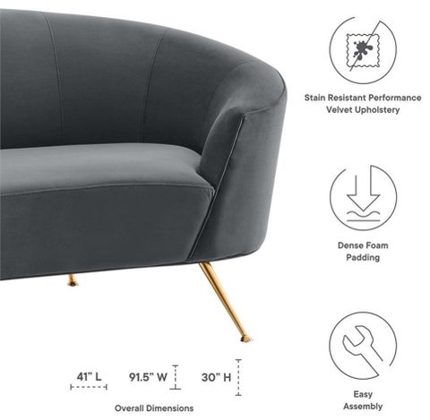 Modway Marchesa Modern Performance Velvet Upholstered Sofa In Gray/Gold ... with regard to Modway Marchesa Modern Performance Velvet Upholstered Sofa In Gray/Gold