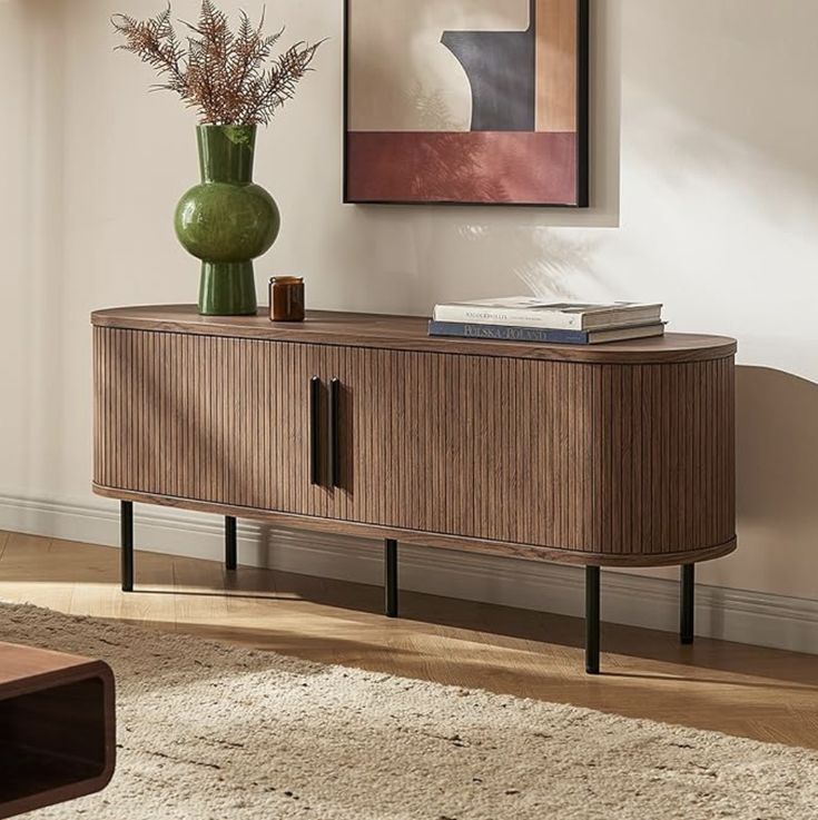 Mopio Quin 59&quot; Tambour Tv Stand, Fluted Entertainment Center, Mid ... intended for Modern Wood Sideboard, Dining Storage, Tv Stand, Light Brown