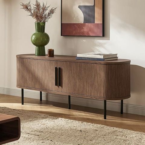 Mopio Quin 59" Tambour Tv Stand, Fluted Entertainment Center, Mid ... intended for Modern Wood Sideboard, Dining Storage, Tv Stand, Light Brown
