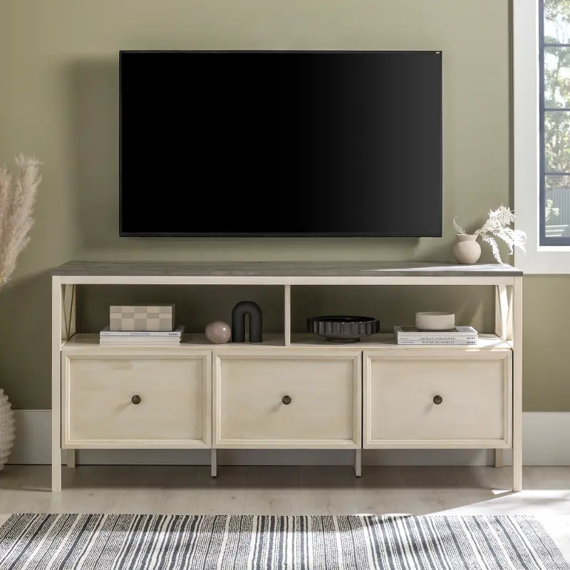 Natalee 60&quot; Distressed White &amp; Gray 3-Drawer Tv Stand | Rc Willey intended for Design considerations for modern living room storage solutions