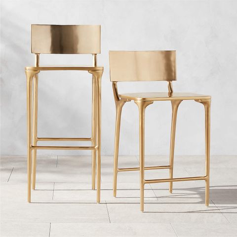Oro Modern Gold Metal Outdoor Counter Stool + Reviews | Cb2 in Backless Industrial Bar Stool With Geometric Metal Base And Gold Seat